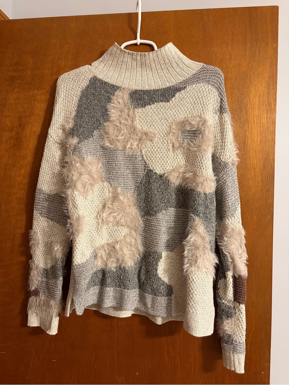 NIC+ZOE Cream & Gray Patchwork Faux-Fur Mock Neck Sweater